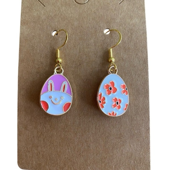 Hand Crafted Jewelry - Asymmetrical Easter Egg Bunny and Floral Dangle Earrings